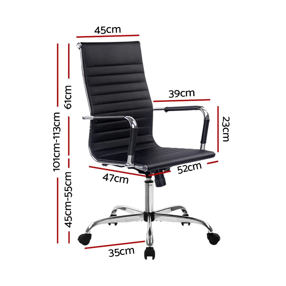 Side view of black faux leather Artiss desk chair showing adjustable tilt and height features.