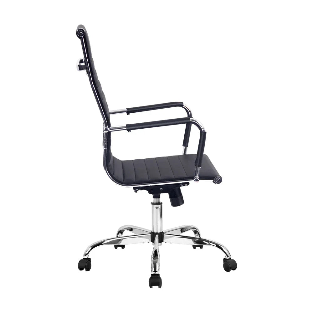 Close-up of padded seat and ergonomic design of black Artiss computer desk chair.