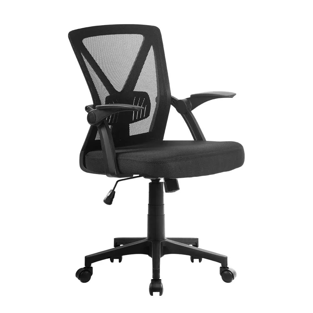 Black mesh office chair with high backrest and padded seat, side view showing armrest and wheelbase.