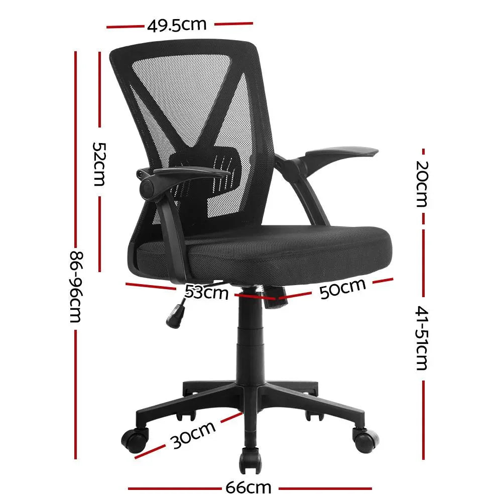Front angle of ergonomic black mesh office chair featuring adjustable lumbar support and swivel base.