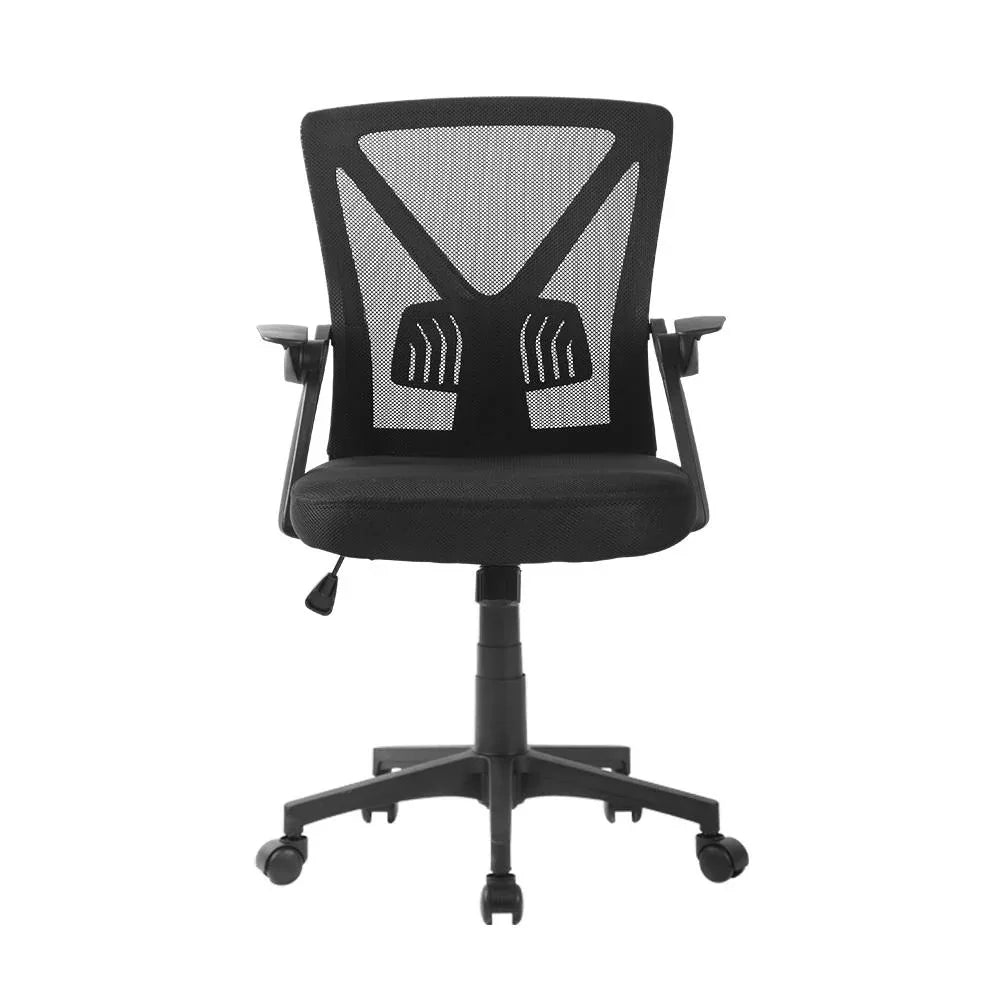 Close-up of breathable mesh back and cushioned seat of black office chair designed for comfort.