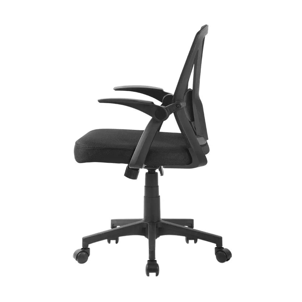 Rear view of black mesh office chair showing adjustable components and sturdy wheelbase.