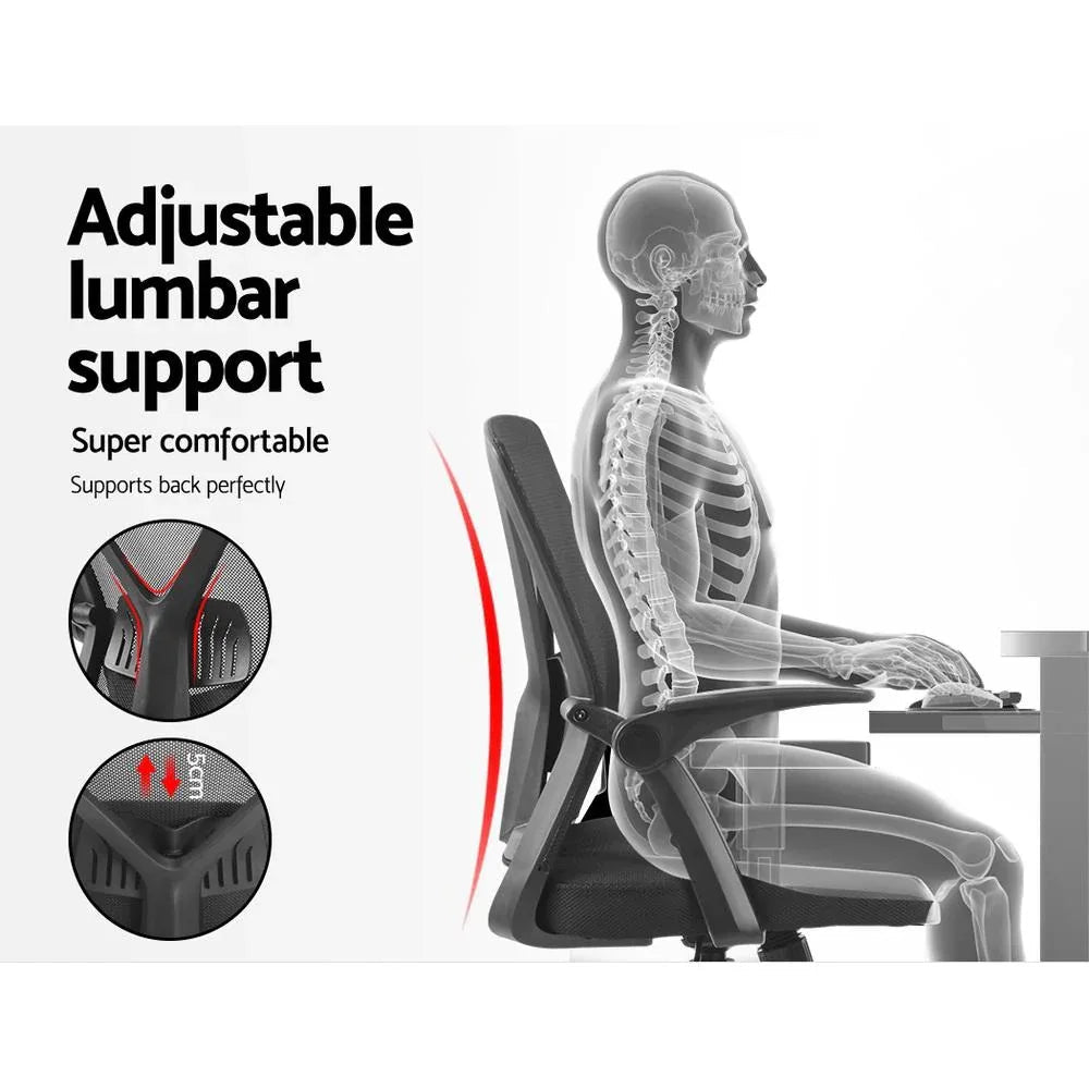 Side profile of ergonomic computer chair with padded armrests and mesh back on caster wheels.