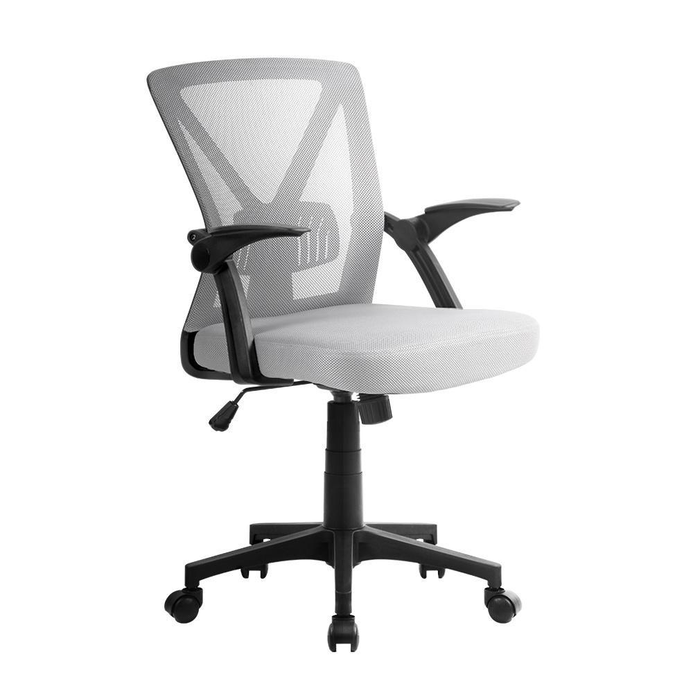 Gray ergonomic office chair with mesh back and padded seat, shown from front right angle.