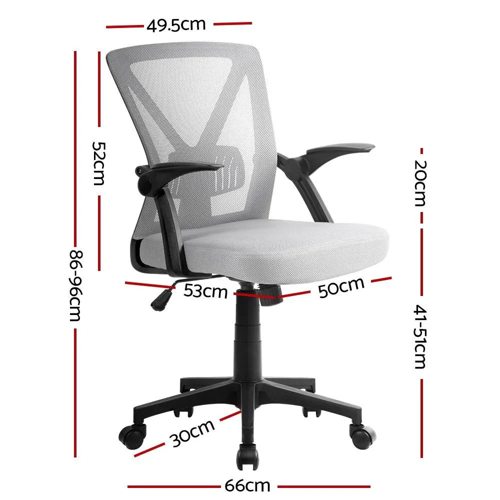 Close-up of office chair's adjustable armrest and mesh back texture.