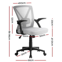 Close-up of office chair's adjustable armrest and mesh back texture.