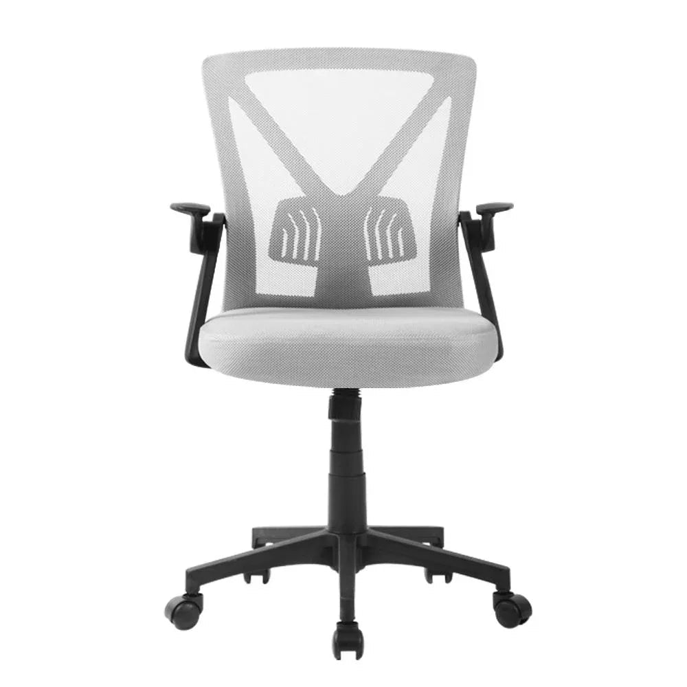 Side view of gray office chair highlighting seat cushion and lumbar support.