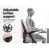 Tilted office chair showing reclining feature and base with caster wheels.