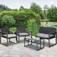 Overhead perspective of stylish black four-piece outdoor patio table and chairs set.