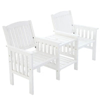 Natural fir wood 2-seater garden bench with integrated armchairs and adjoining table in outdoor setting.