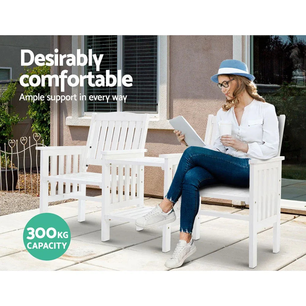 Front view of wooden garden bench and table loveseat showcasing classic design and armrests.