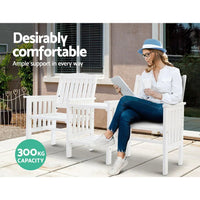Front view of wooden garden bench and table loveseat showcasing classic design and armrests.