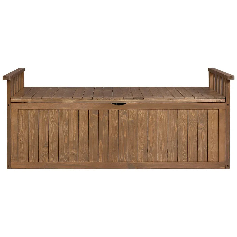 Bench seat lifted open to reveal storage chest space inside wooden outdoor bench