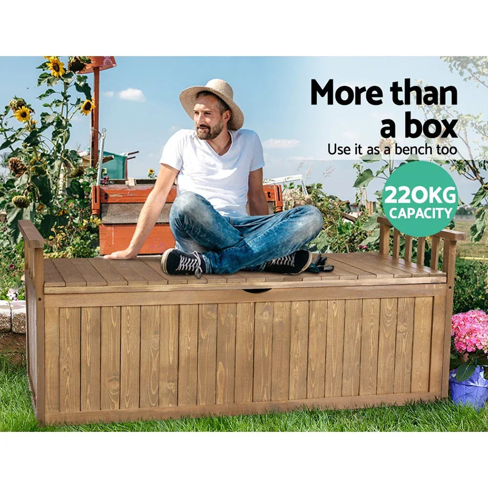 Wooden storage bench placed against stone wall for patio outdoor seating