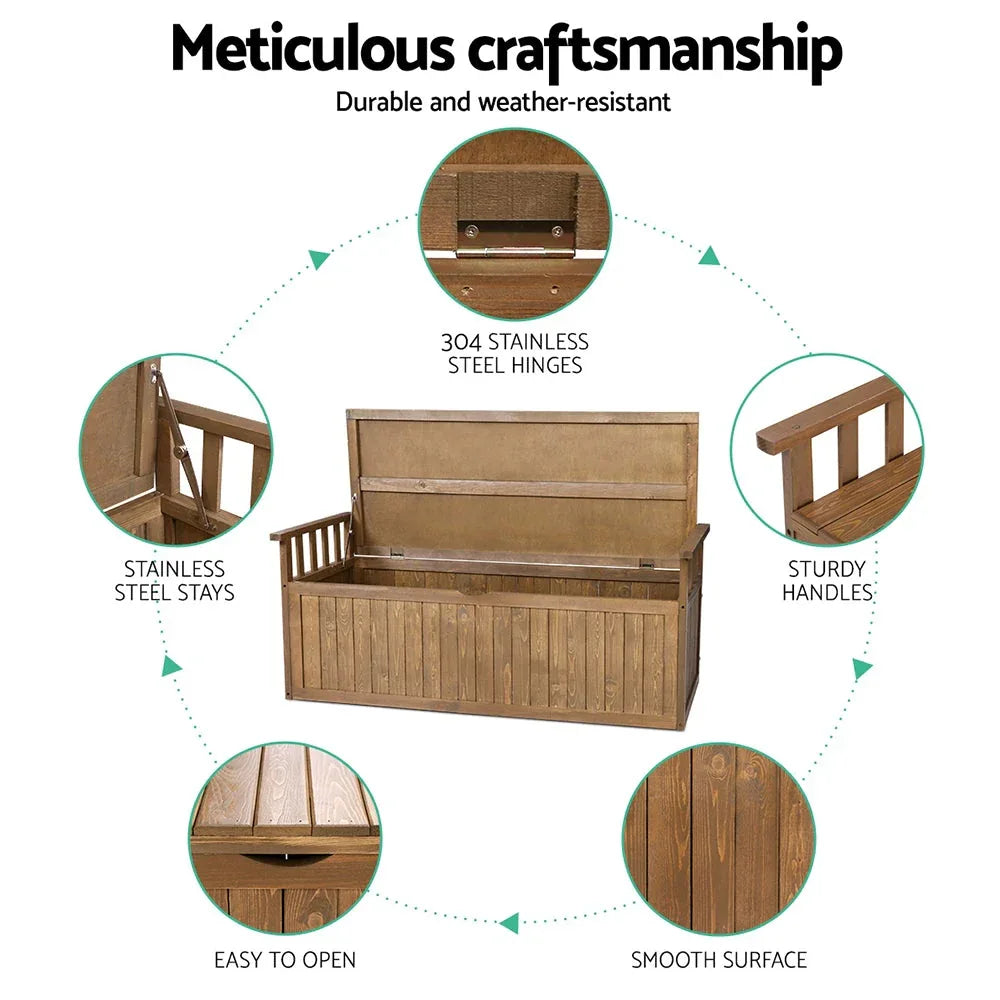 Opened bench showing spacious interior storage with tool and cushion organizing