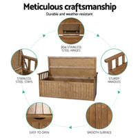 Opened bench showing spacious interior storage with tool and cushion organizing
