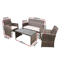 Close-up of eco-friendly PE wicker texture and steel frame of outdoor furniture armchair with gray cushions.