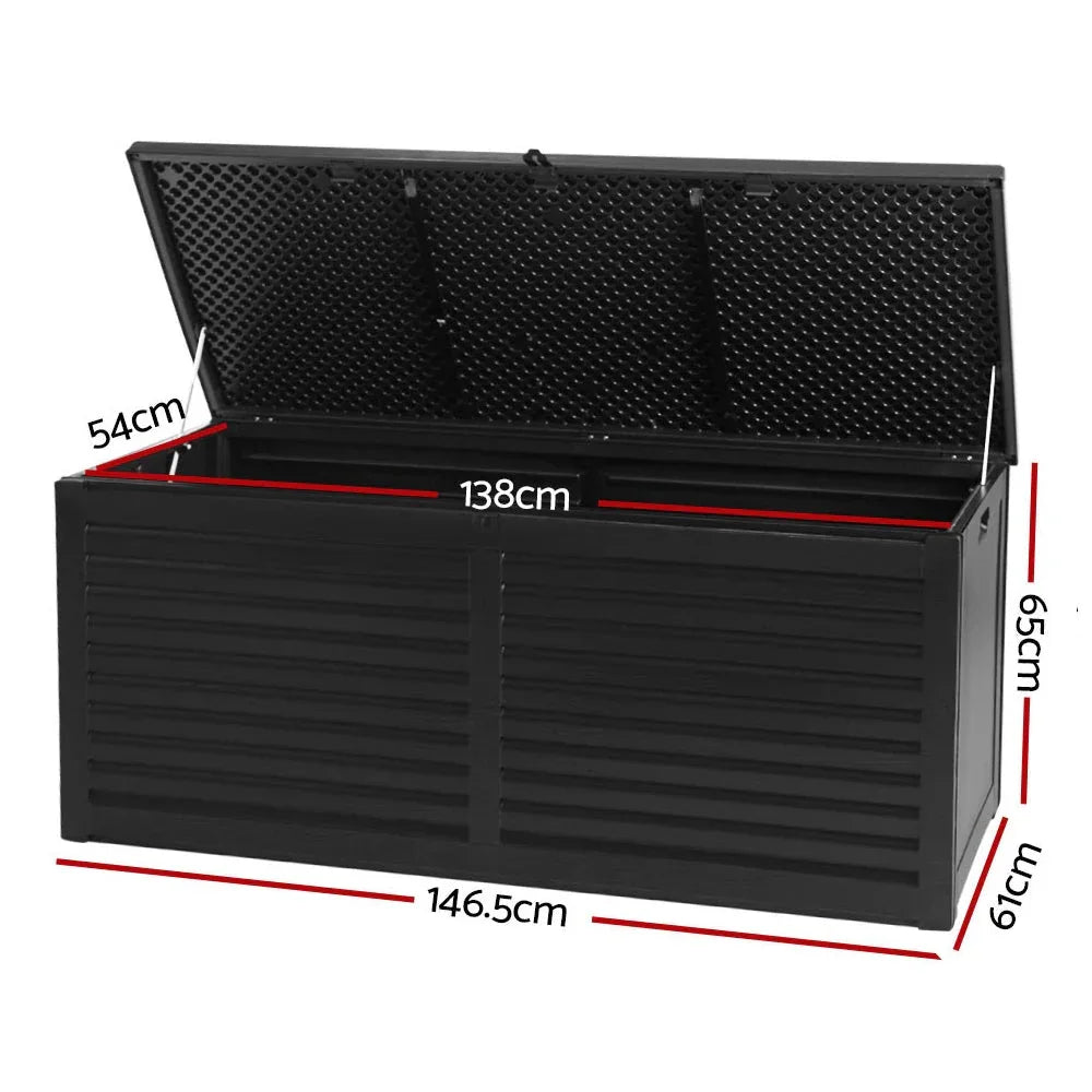 Side angle view of the black outdoor storage box showcasing integrated handles on both sides.