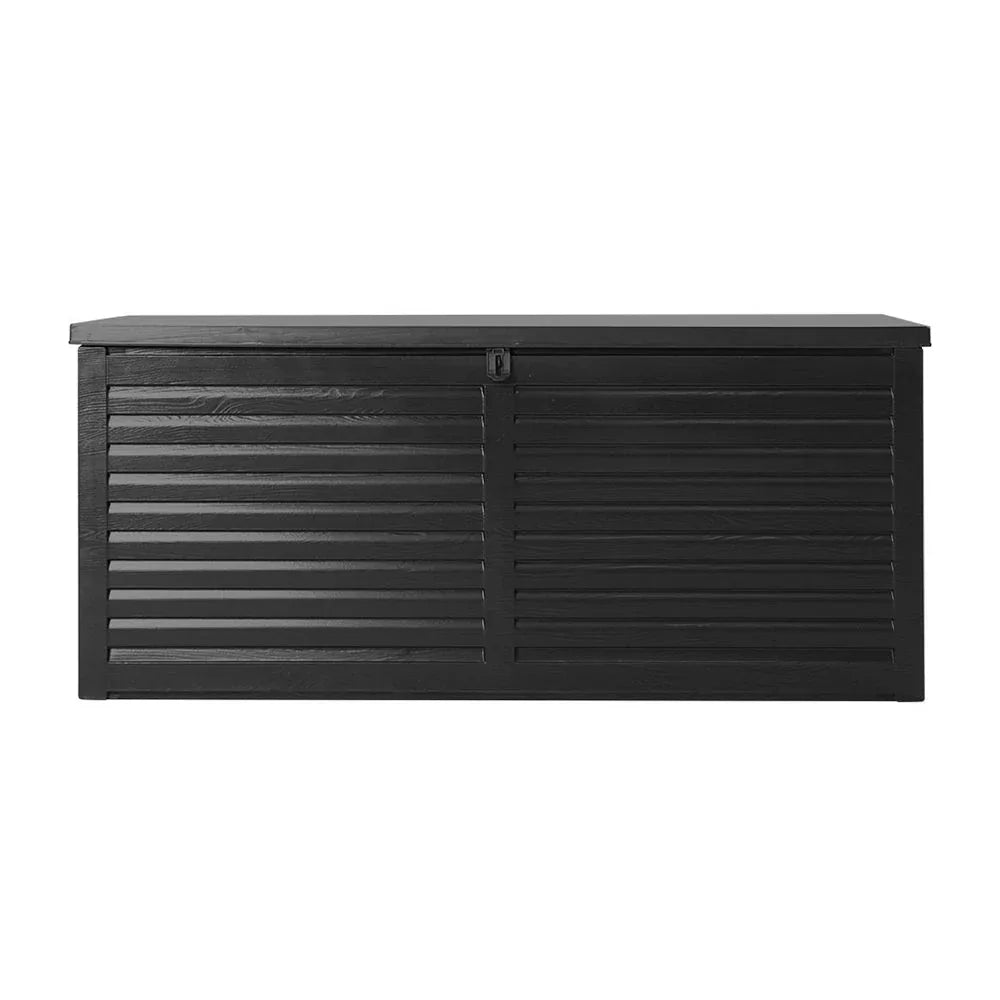Open outdoor storage box revealing spacious interior, suitable for garden tools and toys.