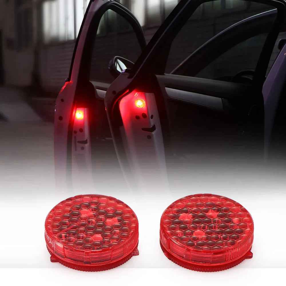1 Pair Universal Wireless Car Door Warning Light - magnetic LED safety light glowing red on open car door edge