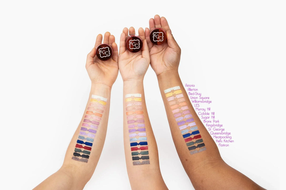 Hand swatching Meatpacking Shimmer Powder showing vivid jewel-toned green shimmer on skin.