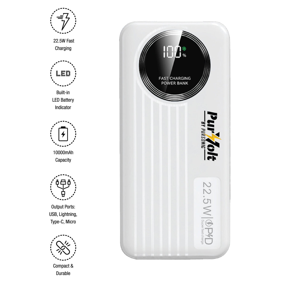 Pursonic 10,000mAh LED Fast Charging Power Bank with built-in cables