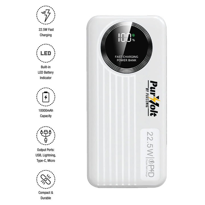 Pursonic 10,000mAh LED Fast Charging Power Bank with built-in cables