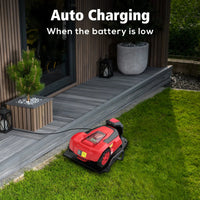 Robotic lawn mower automatically returning to its charging station outdoors