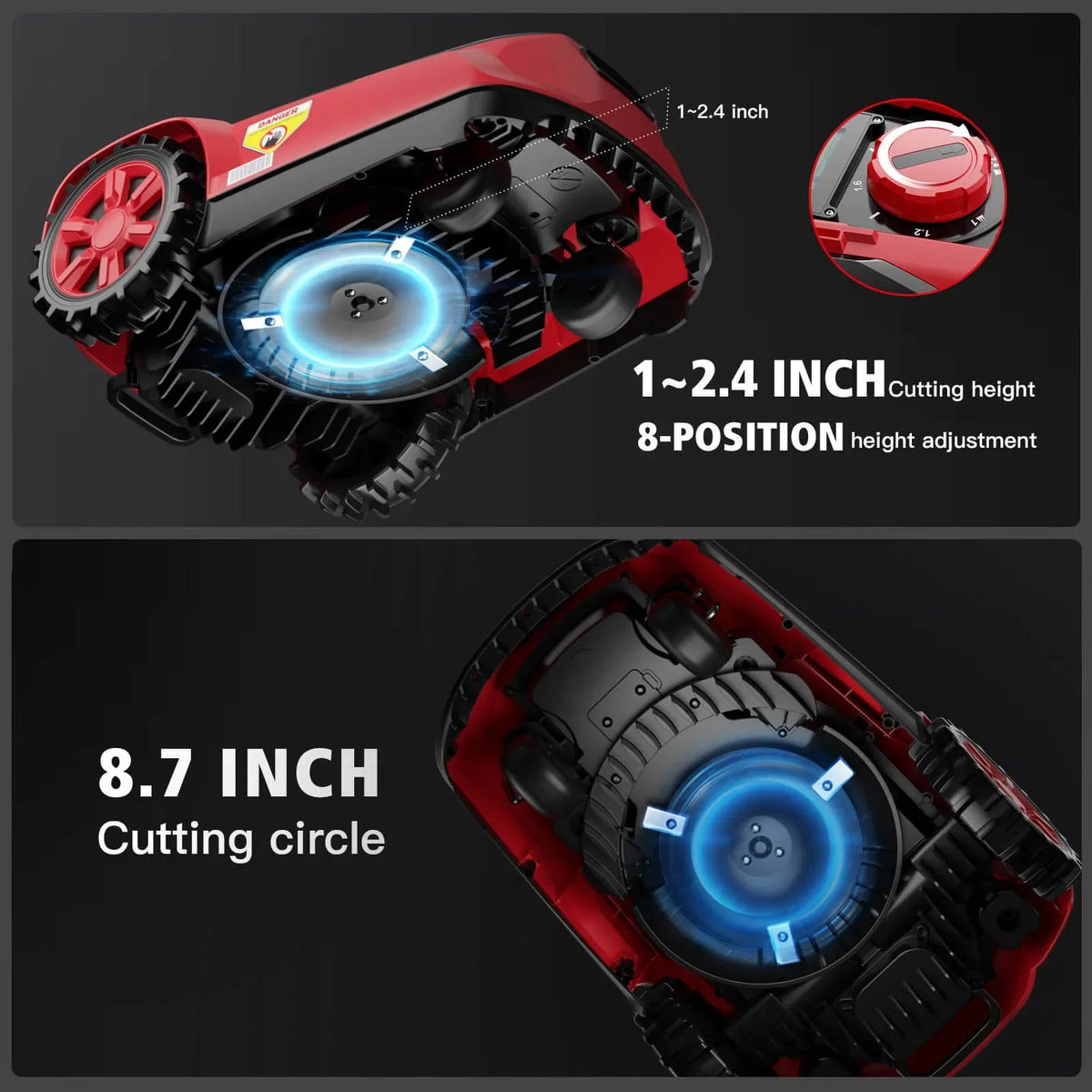 Side view showing adjustable cutting height settings on the mower