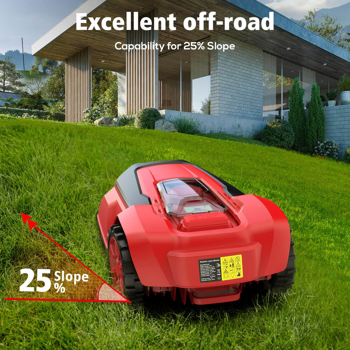 Robotic lawn mower climbing a gentle slope on a residential lawn