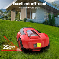 Robotic lawn mower climbing a gentle slope on a residential lawn