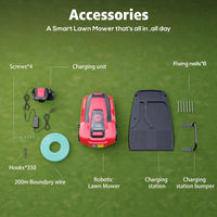 A compact robotic lawn mower moving across a green lawn with boundary wire visible along the grass edge.