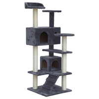 Tall gray cat tree with multiple platforms and sisal scratching posts in a living room setting.