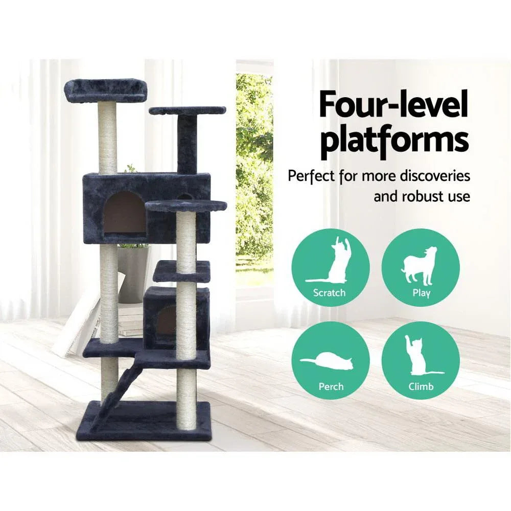 Cat tree with cubed condo and cozy plush surfaces designed for climbing and lounging.