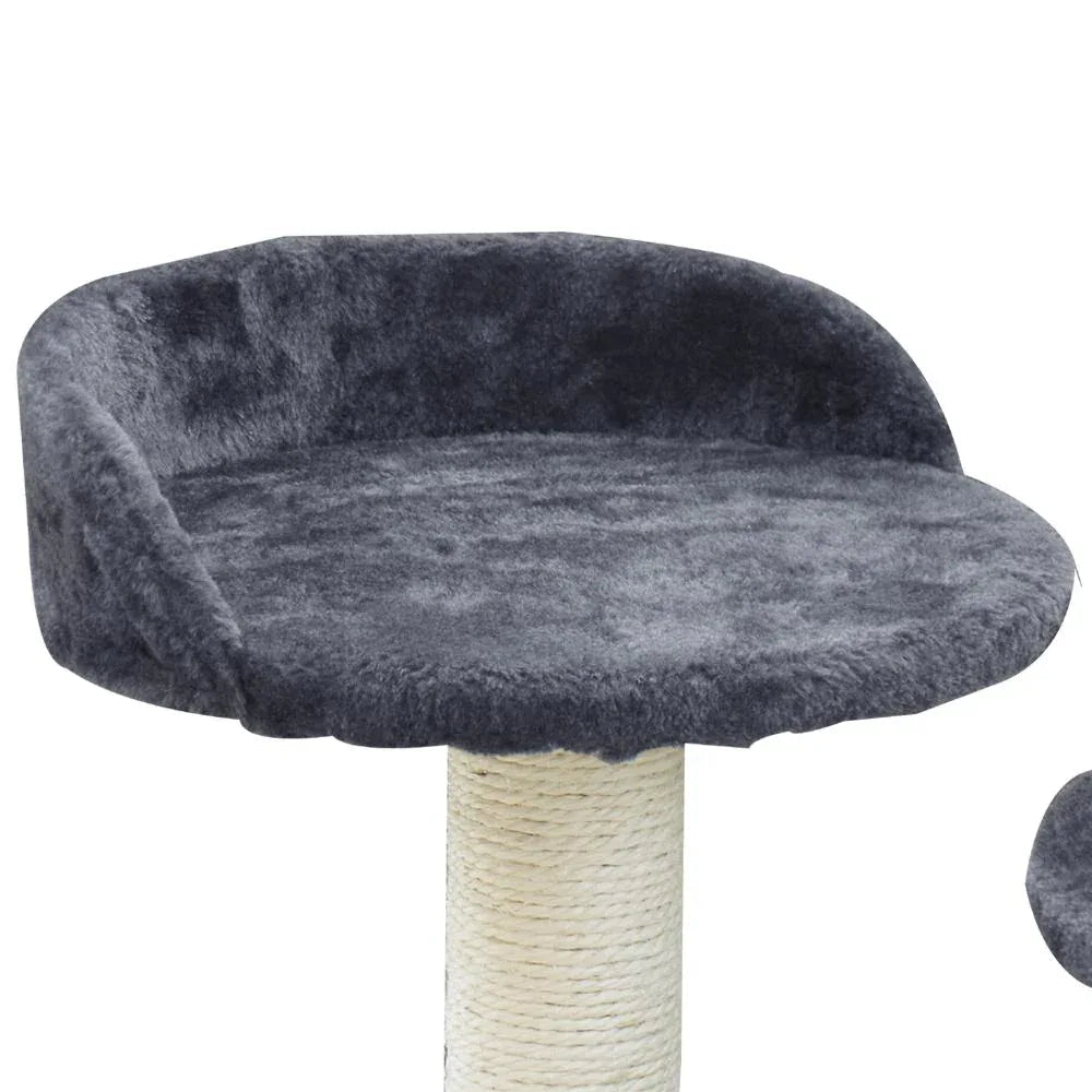 Plush gray cat tree featuring a condo house with an arched entrance and a sisal scratching post.