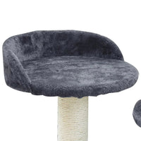 Plush gray cat tree featuring a condo house with an arched entrance and a sisal scratching post.