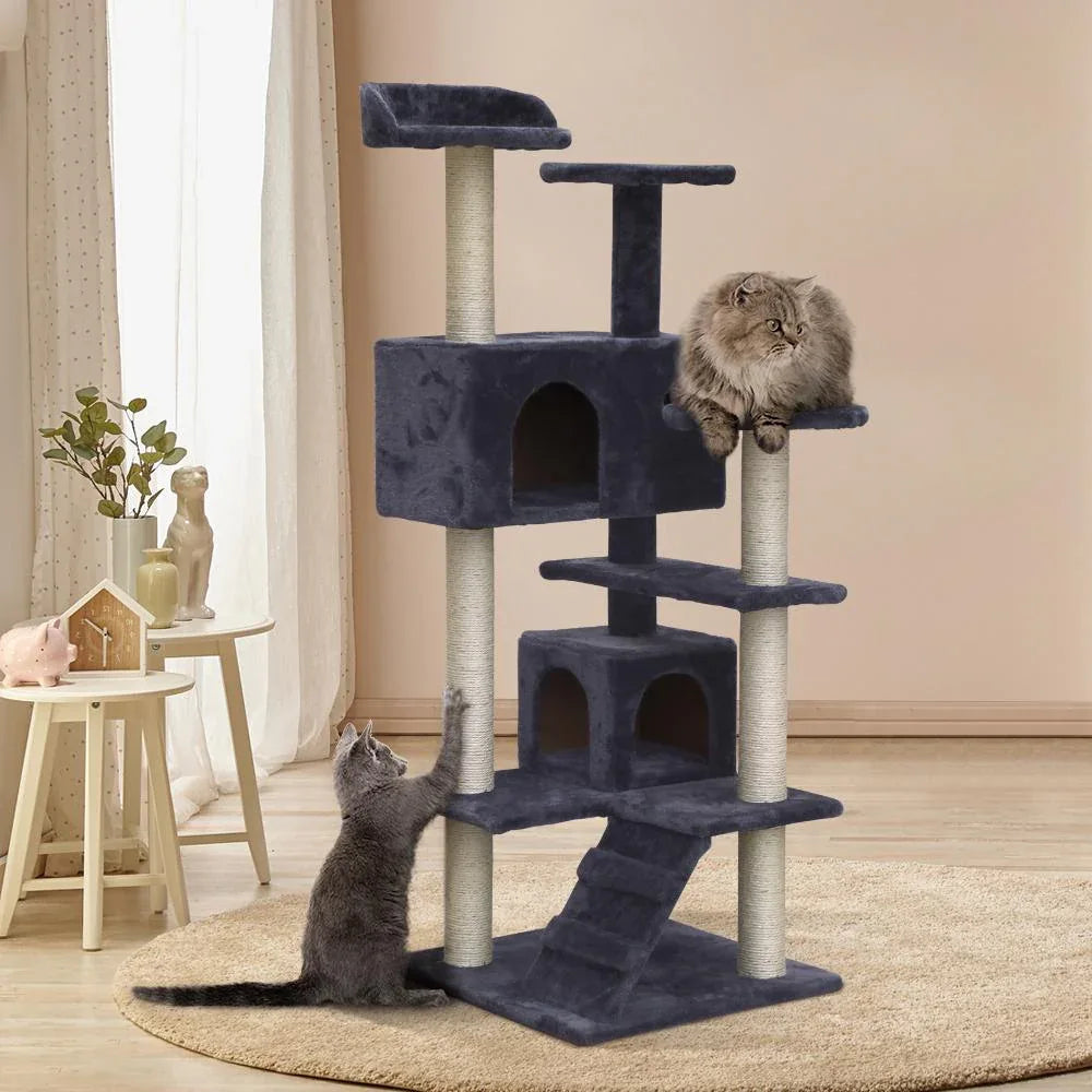 Gray cat condo tower with plush cushions and multiple levels for pets to explore and relax.