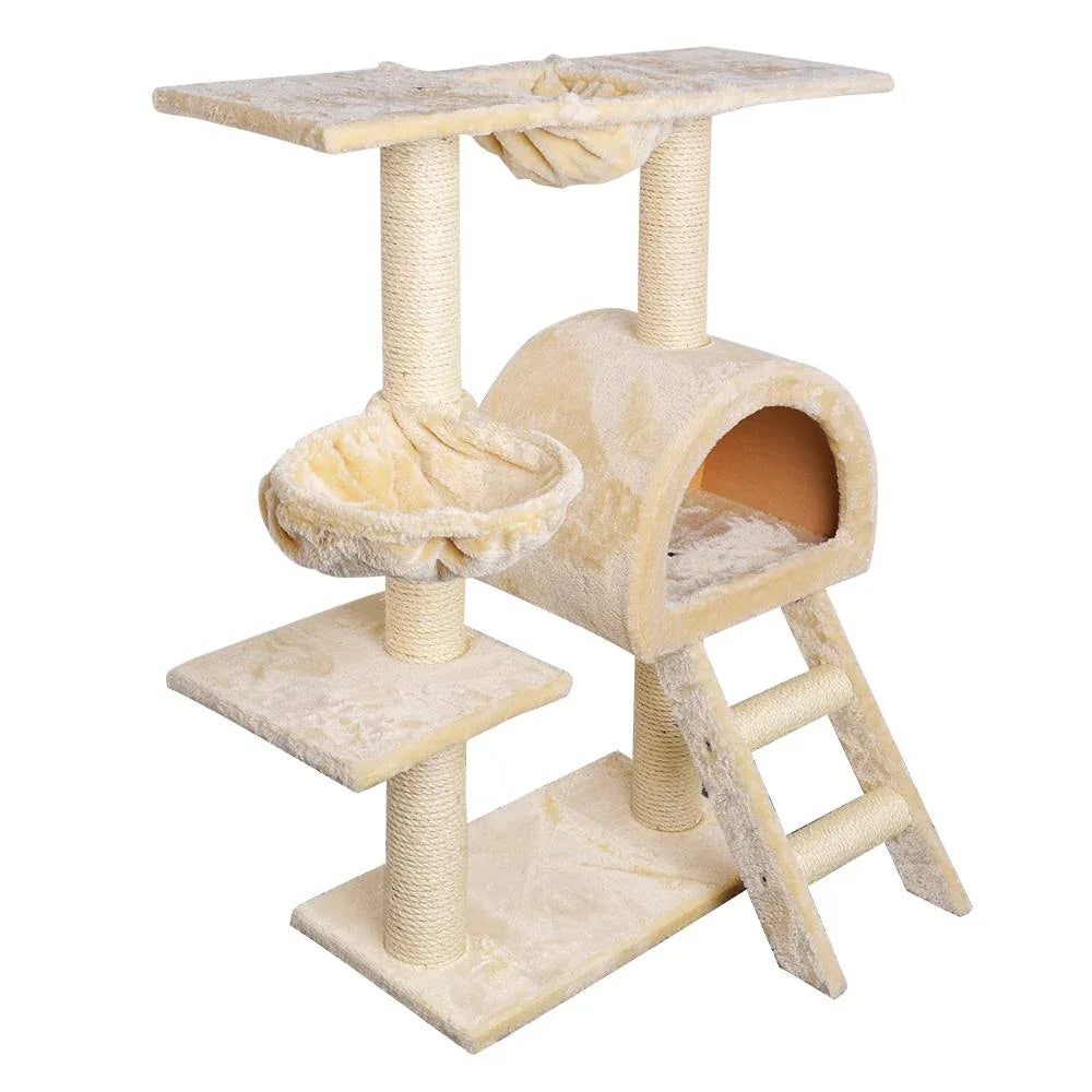 Plush beige cat tree with multiple levels and sisal scratching posts against a white background.