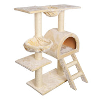 Plush beige cat tree with multiple levels and sisal scratching posts against a white background.