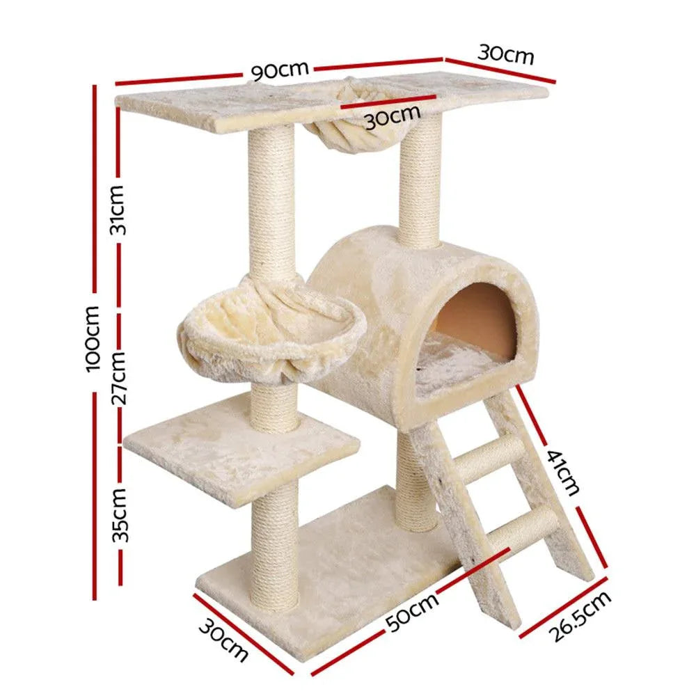 Cat tree with several platforms and hanging toys, offering spaces for climbing and scratching.