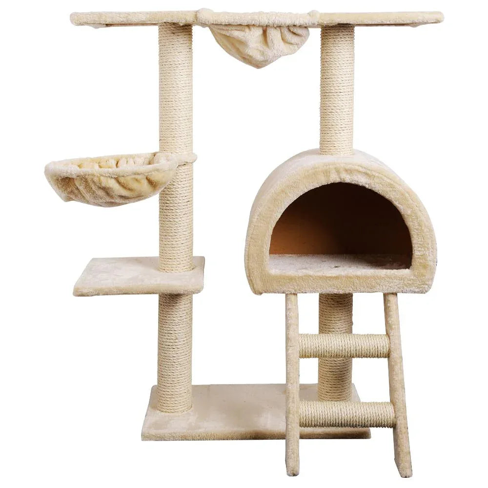 Close-up of the sisal-covered scratching post and plush platforms of the beige cat tree.