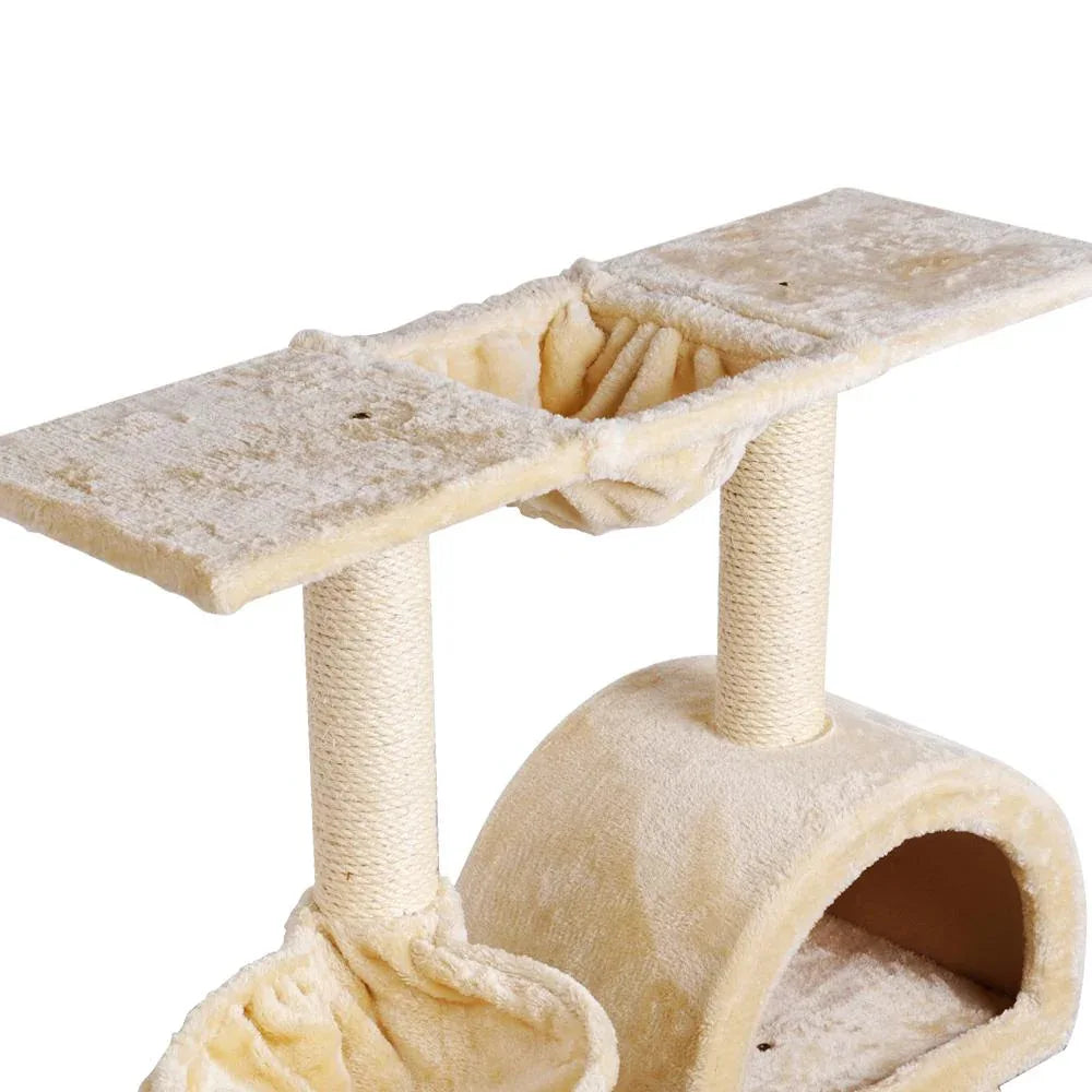 Side perspective of the cat tree highlighting padded platforms and hanging rope toy.