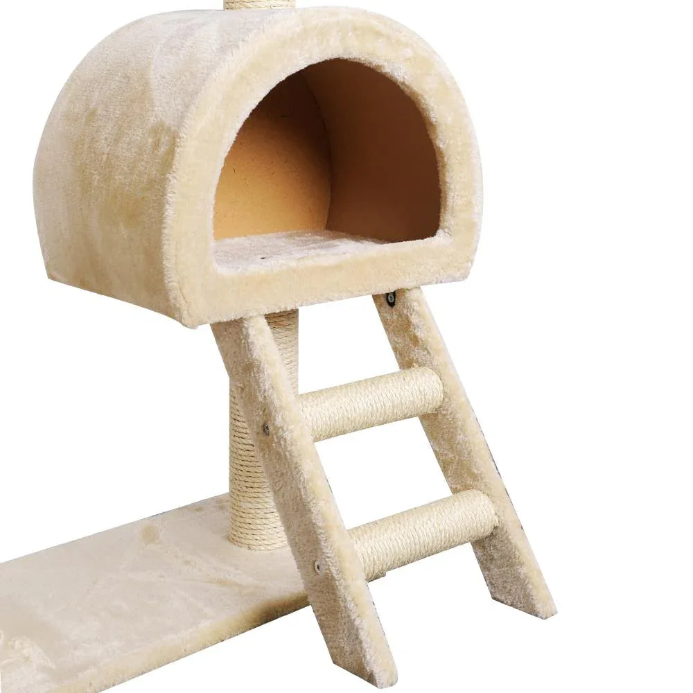 Detailed look at the plush fabric and sturdy base supporting the beige cat tree.