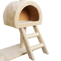 Detailed look at the plush fabric and sturdy base supporting the beige cat tree.