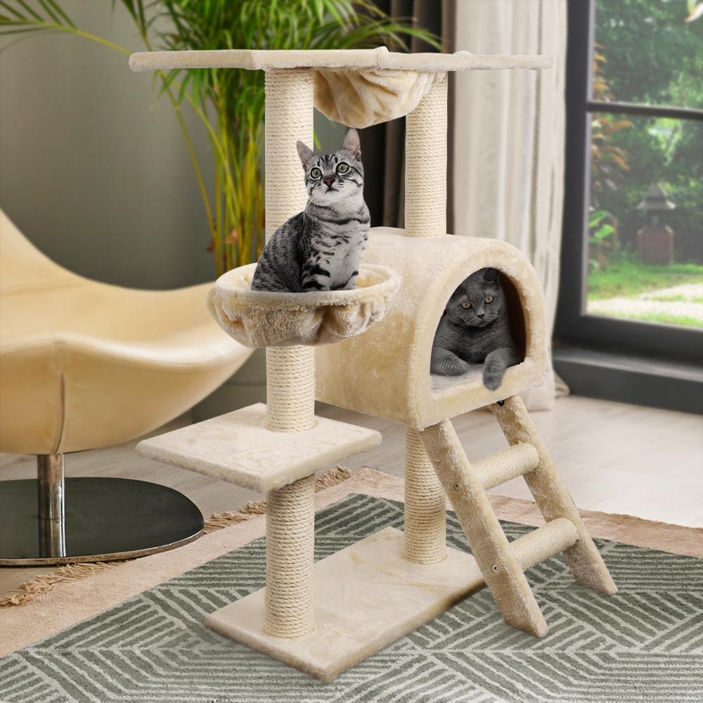 Tall cat tree with scratching posts and soft resting spots for cats to play and relax.