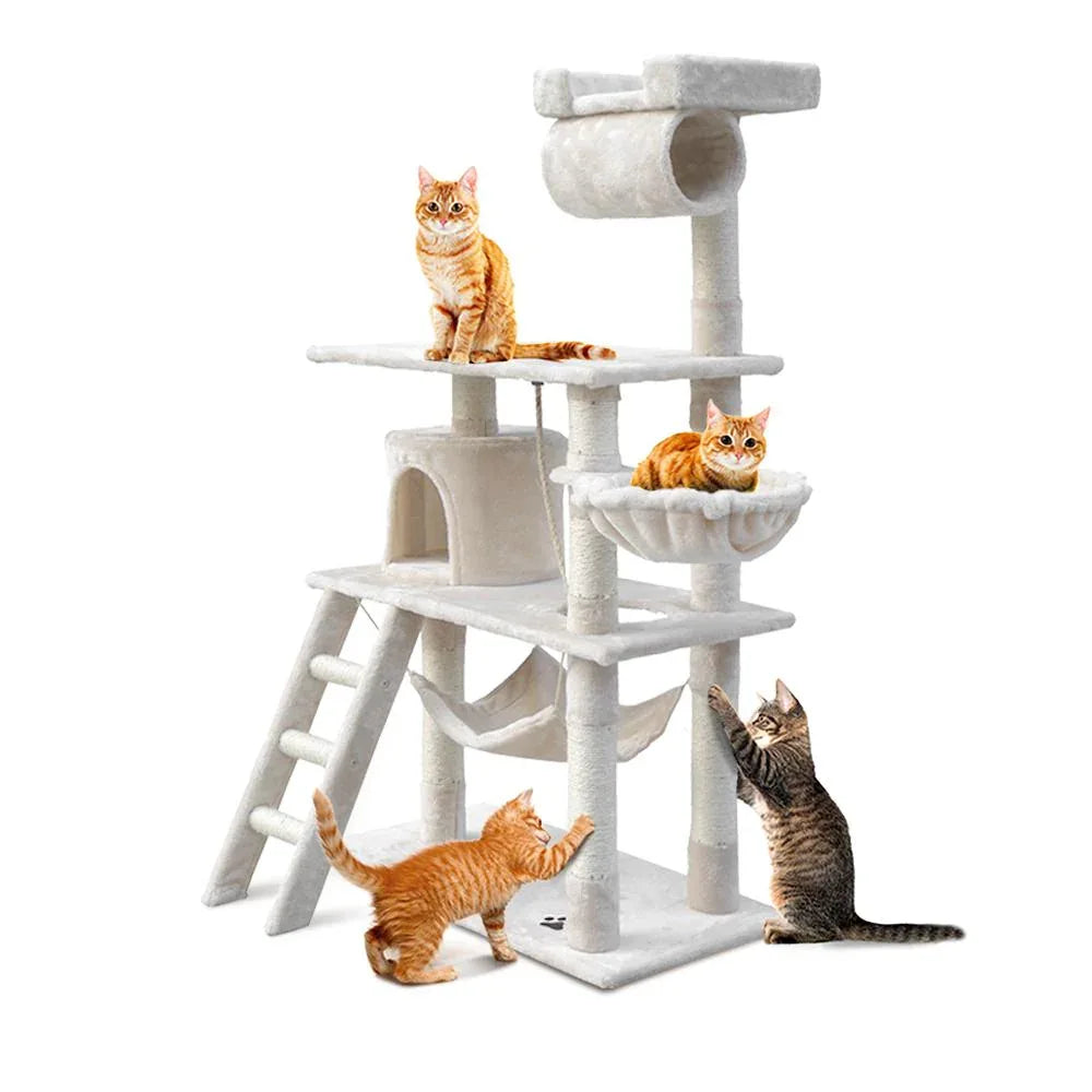 Beige multi-level cat tree with sisal scratching posts and soft platforms for cats to climb and rest.
