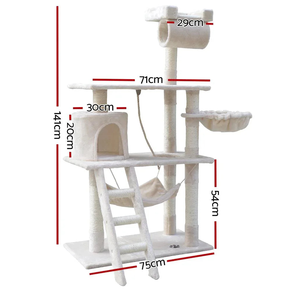 Side view of beige cat tree showing multiple shelves and a hanging toy mouse for play.