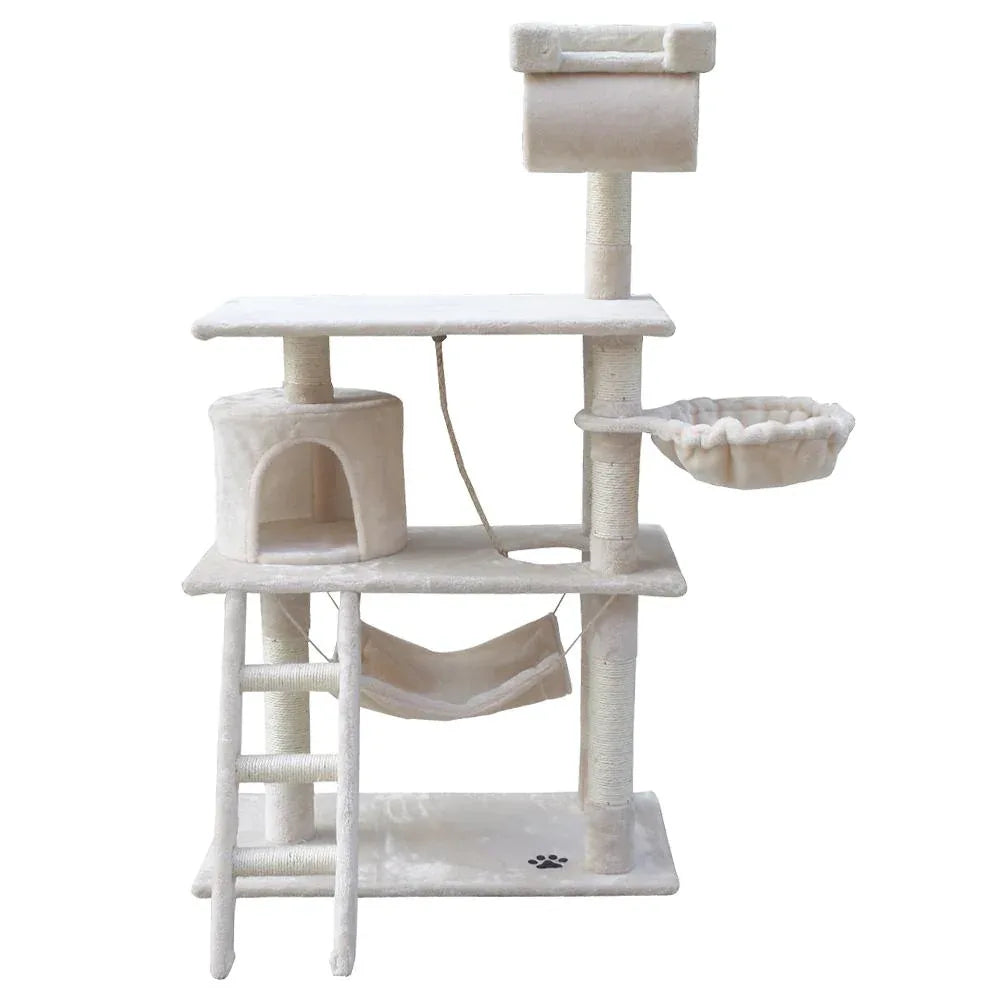 Close-up of plush beige cat tree with sisal-covered scratching post and resting area.