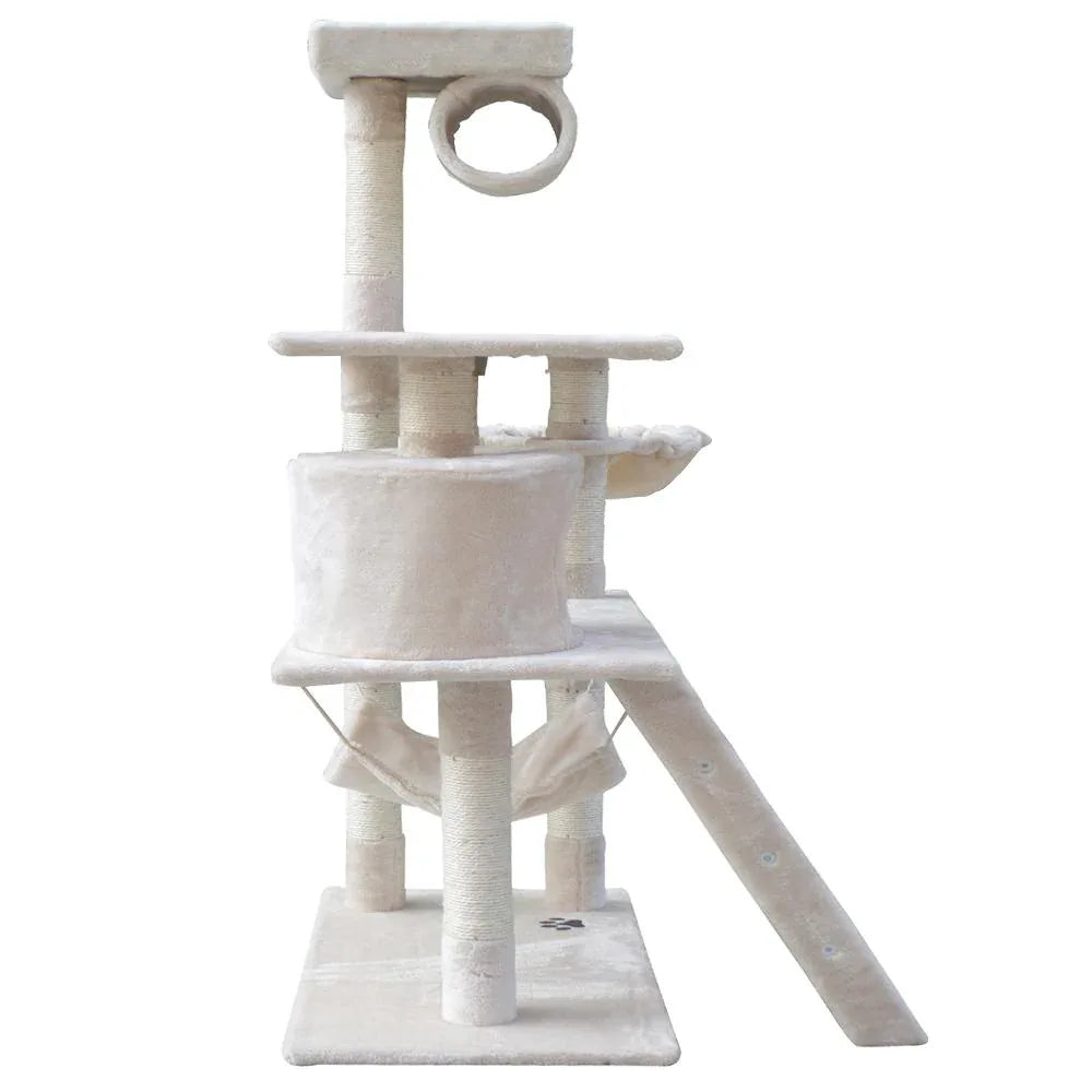 Upper platform of cat tree with soft textured surface and hanging mouse toy.