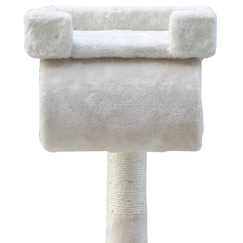 Cat tree featuring several platforms, scratching posts, and cubbyholes for cats to explore.